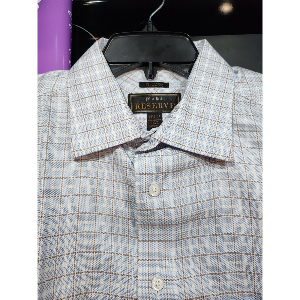 Jos A Bank Reserve,Button Up Shirt,Mens 16 1/2-34, Blue/Brown Plaid,Long Sleeve
